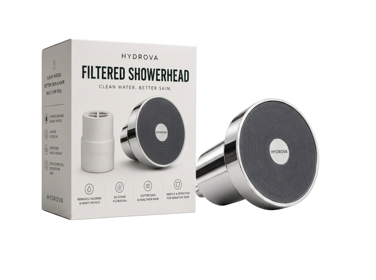 HYDROVA Filtered Showerhead box and product