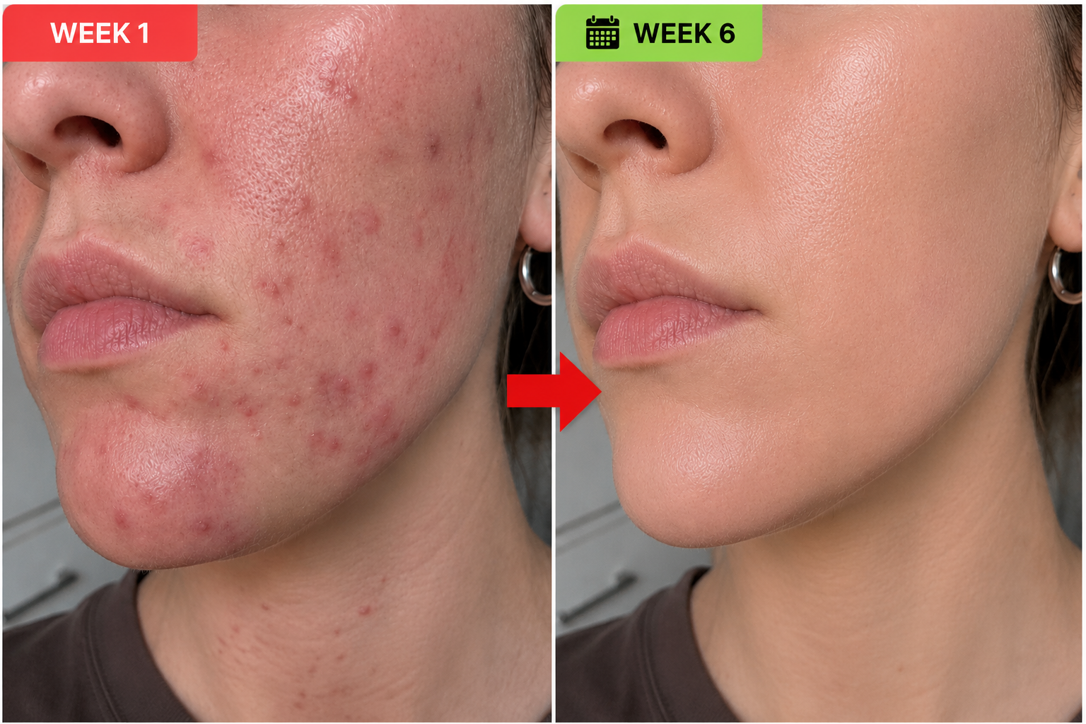 Before and after: Week 1 acne and Week 6 clear skin after using HYDROVA