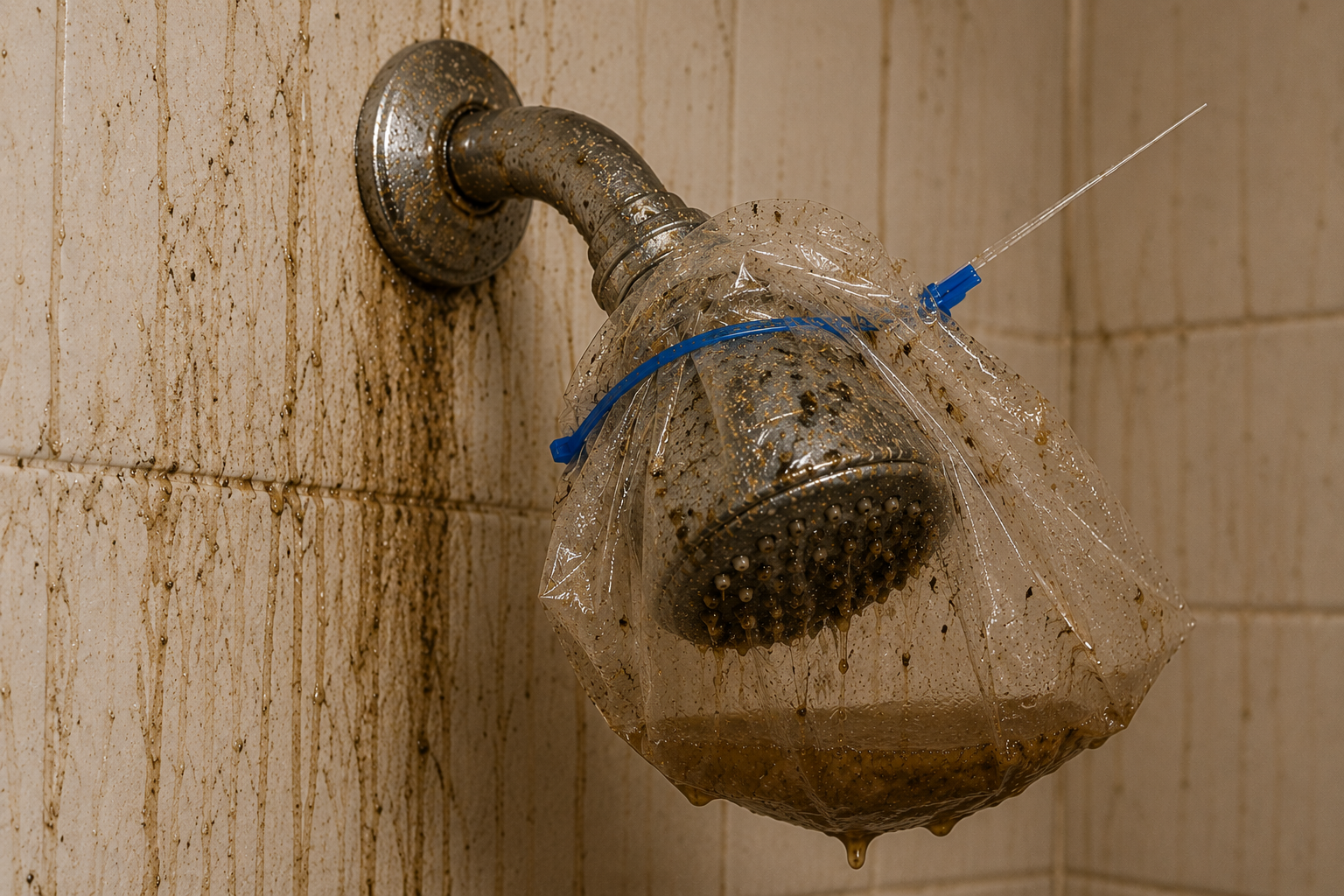 Filthy buildup trapped on an unfiltered showerhead
